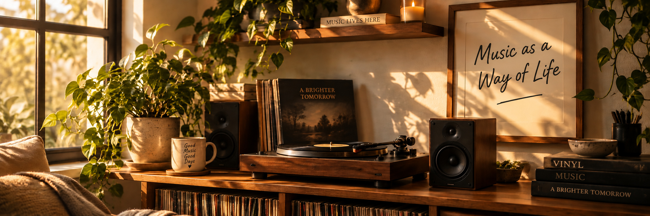 Warm home music setup with turntable and studio speakers